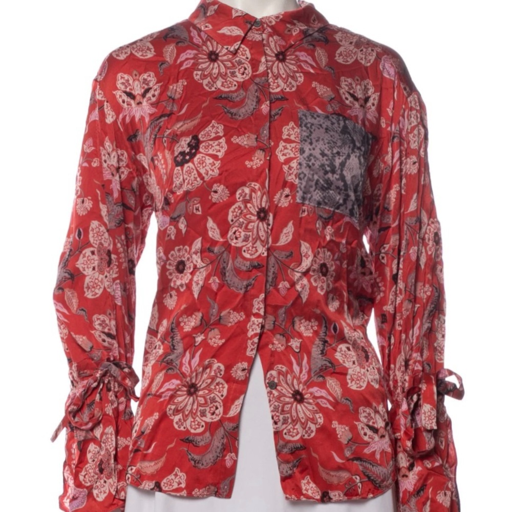 cinq a sept Red Floral Button-Front Tie-Sleeve Silk Blouse